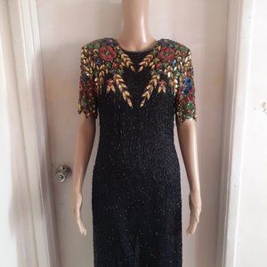 TAN CHHO VINTAGE BLACK EMBELLISHED SEQUINS FLOWERS DRESS SIZE UF 8